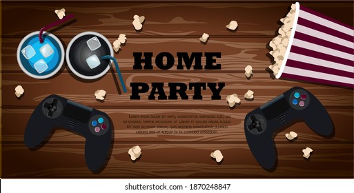 Top view of a wooden table with a game joystick, a basket of popcorn and drinks. The inscription home party. An invitation to a game party or watching movies. Postcard or advertisement for sale of