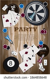 Vista superior de una mesa de madera con juegos de azar y juegos deportivos. Fiesta con Dardos jugando, bolos, cartas, póquer, dominó, fichas de casino. La tarjeta para la fiesta con regalos. Tarjeta de saludo para el padre