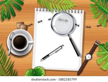 Top view of wooden table with office objects and leaves element illustration
