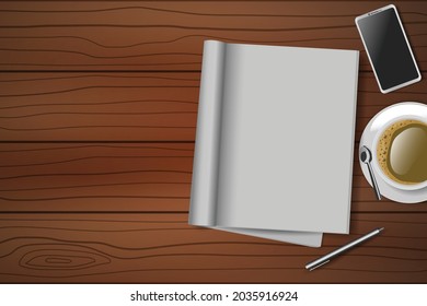 Vista superior de la mesa de madera con portátil en blanco abierto, bolígrafo, taza de café y smartphone. ilustración vectorial
