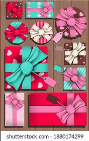 top view of a wooden table with a set of gifts and boxes for valentine s day. Romantic picture in pink, turquoise and red. Postcard for congratulations, declarations of love. vector illustration of an
