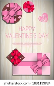top view of a wooden table with a set of gifts and boxes for valentine s day. Romantic picture in pink, turquoise and red. Postcard for congratulations, declarations of love. vector illustration of an