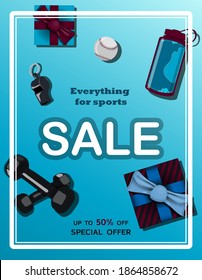 Top view of a wooden table with sports equipment. Sale and discount everything for sport. Sports fan table with dumbbells, water bottle, baseball, whistle, fruit, sports newspaper. Brutal bright