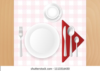 Top view of wooden table, table-cloth, napkin, porcelain plate, cup and stainless cutlery - vector illustration