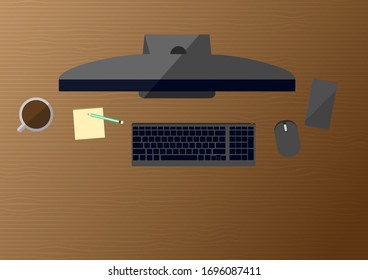 top view of wooden working desk with computer, mobile phone, memo and coffee on working in office or work from home concept
