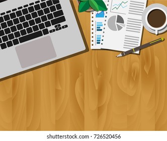 Top view of wooden working desk with laptop, working paper, and a cup of coffee with copy space for your own text