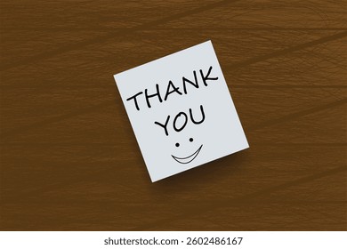 Top view of the word THANK YOU written with happy face on a sticky note on the wooden table vector illustration design background