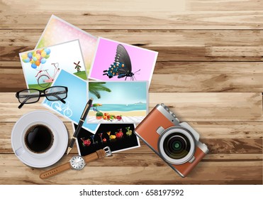 Top view work desk with black coffee, pen, picture,  glasses, camera  and watch. Copy space on wooden floor, vector illustration.