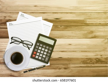 Top view work desk with black coffee, pen, note pad,  glasses and calculator. Copy space on wooden floor, vector illustration.