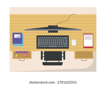Top view of a work desk with a computer, keyboard, mouse, and books. Simple workspace. Character design. Vector flat illustration