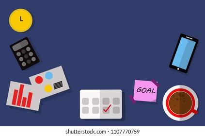 Top view: Work desk vector illustration,  red cup of hot coffee, black calculator, smart phone, graphs on paper, yellow clock on dark blue table.Goal or successful concept. 