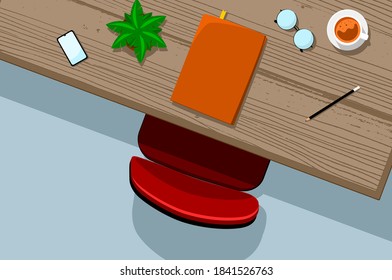 Top view of work place with notebook at the middle. Vector Illustrator.