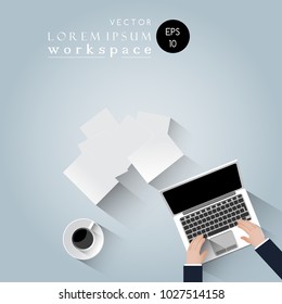 top view work space, business computer concept, businessman working with PC and computer notebook,paper and coffee cup on table,vector