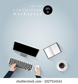 top view work space, business computer concept, businessman working with PC and computer notebook,paper and coffee cup on table,vector