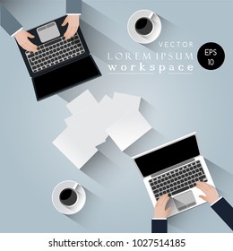 top view work space, business computer concept, businessman working with PC and computer notebook,paper and coffee cup on table,vector