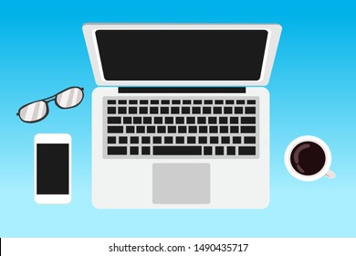 Top View Work Space Laptop Smart vector illustration