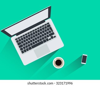 Top view work space  laptop and smart phone vector design.