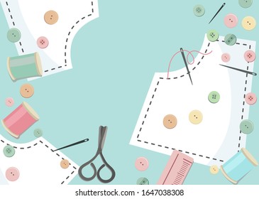Top view of Work space on the desk with Studs , thread tubes, scissors, ruler and sewing pattern on pastel color Background.Handcraft and pastel color concept. Flat layout design.
