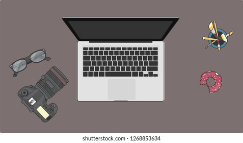  Top view of work space photographer and travel concept with  laptop, camera, glasses,stationary,Donut. Vector