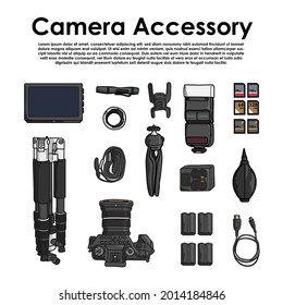 top view of work space photographer with digital camera and camera accessory.