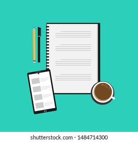 Top view work space,smart phone pen pencil, coffee, and notebook. Vector design for copywriter or blog writer concept over green background. Flat art of elements for freelancer life style.