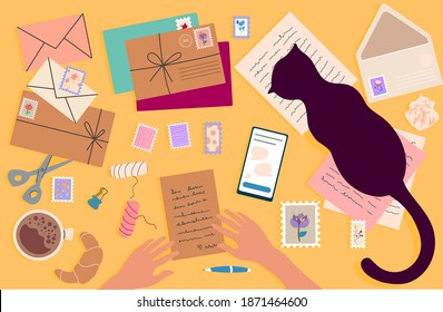 Top view of the work table with envelopes and letters. Worktable with mug, letters, papers and cat. Flat vector illustration.