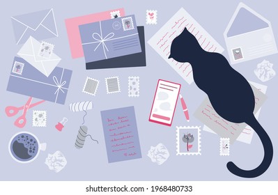 Top view of the work table with envelopes and letters. Worktable with mug, letters, papers and cat. Flat vector illustration.