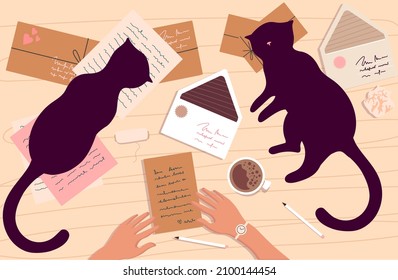 Top view of the work table with envelopes and cats. Worktable with mug, letters, papers and cats. Flat vector illustration.