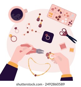 Top view, worker uses handle tools and makes jewelry by hand from precious metals, brilliants and diamonds. Jeweler at work. Designer design and produces expensive accessories and jewelry. flat vector