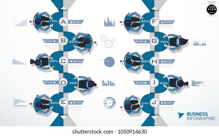 
Top view of working business group sitting - Icon percent Step 10%-100% and graph - modern design Idea and Concept Vector illustration Infographic template.
