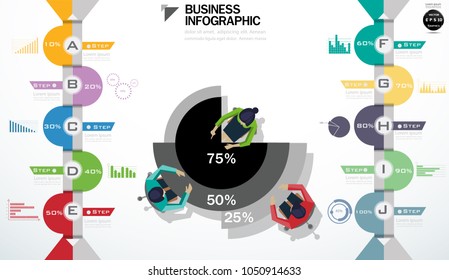 Top view of working business group sitting - Icon percent Colorful  Step 10%-100% and graph - modern design Idea and Concept Vector illustration Infographic template.