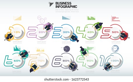 top view of working business group sitting, colorful  step  numbers 1-10,10%-100% and graph, modern design idea and concept vector illustration business  infographic template.