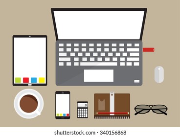Top view of working desk with laptop tablet mobile phone coffee glasses and office item . Vector illustration design business concept.