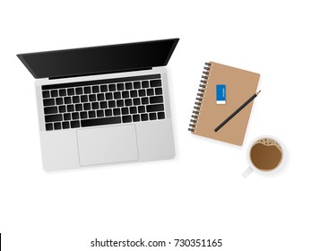 Top view working desk with laptop computer, notebook, pencil and a cup of coffee isolated on white background