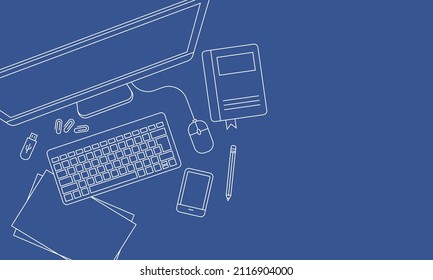 Top view of working desktop. Suitable for design element of freelancer office table and productivity workspace desk setup. Outline illustration of office table.