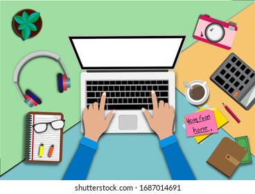 Top view working on computer.Hand man using/typing on white blank screen laptop including, plant,coffee cup,smartphone, paper,notebook,pen.Vector Workplace and flat lay design vector concept.