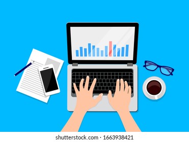 Top view of working on laptop. a paper and a cup of coffee. Business objectives goals progress improvement concept. Vector illustration on blue background.