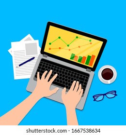 Top view of working on laptop. Business objectives goals progress improvement concept. Vector illustration on blue background.