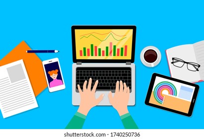 Top view of working on laptop. a paper and a cup of coffee. Business objectives goals progress improvement concept. Vector illustration on blue background.