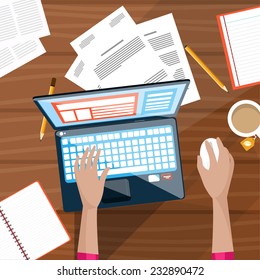 Top view of working on laptop businessman on workplace with documents flat design