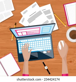Top view of working on laptop businessman on workplace with documents flat design