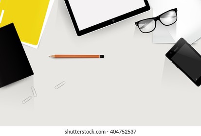 top view of working place with different elements on light grey table. Vector