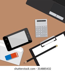 Top view of working place with elements on wooden table background pencil, eraser, smartphone, calculator, envelope and laptop. Workplace concept