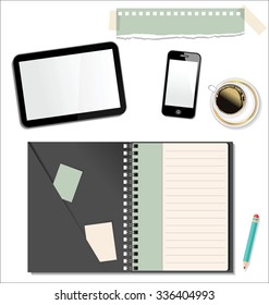 top view of working place elements on white background