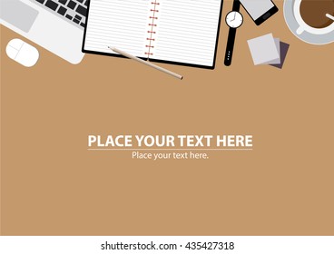 Top view of working place elements on table. Set two of Flat vector design illustration of modern business office and workspace. 
