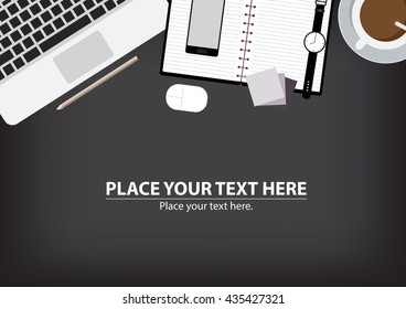 Top view of working place elements on table. Set three of Flat vector design illustration of modern business office and workspace. 