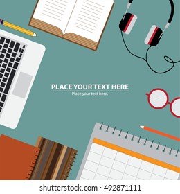 Top view of working place elements on table. Set of Flat vector design illustration of modern business office and workspace. 