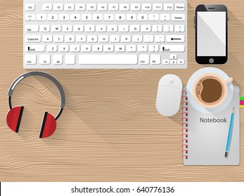 Top view of working place elements on a wooden desk, Vector illustration
