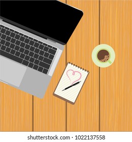 Top view of working place with laptop on wooden table. Top view of table working and working desk with