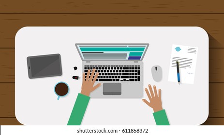 Top view of working place with laptop and documents on wood background. Flat design web-surfing businessman. Vector illustration